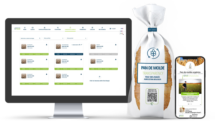 Ejemplo de trazabilidad de Connecting Food en pantalla y móvil