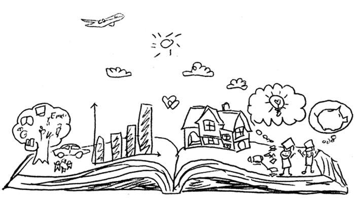 Ilustración de un libro abierto del que emerge una ciudad